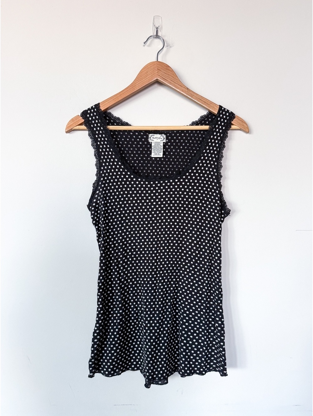 Y2K Next Era Black White Polka Dot Stretch Tank Top Lace Trim Sleeveless
